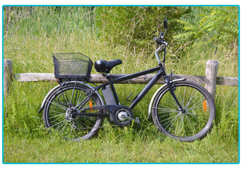 E-bike sitting against fence in field