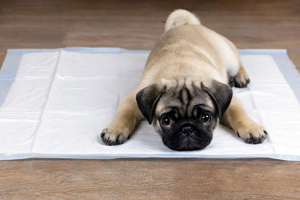 puppy pug on an absorbent pad as it's toilet training 