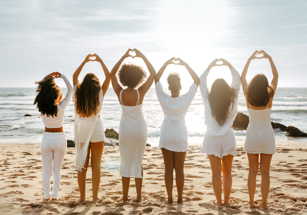 Group Young Woman Enjoying Sunset Sea.