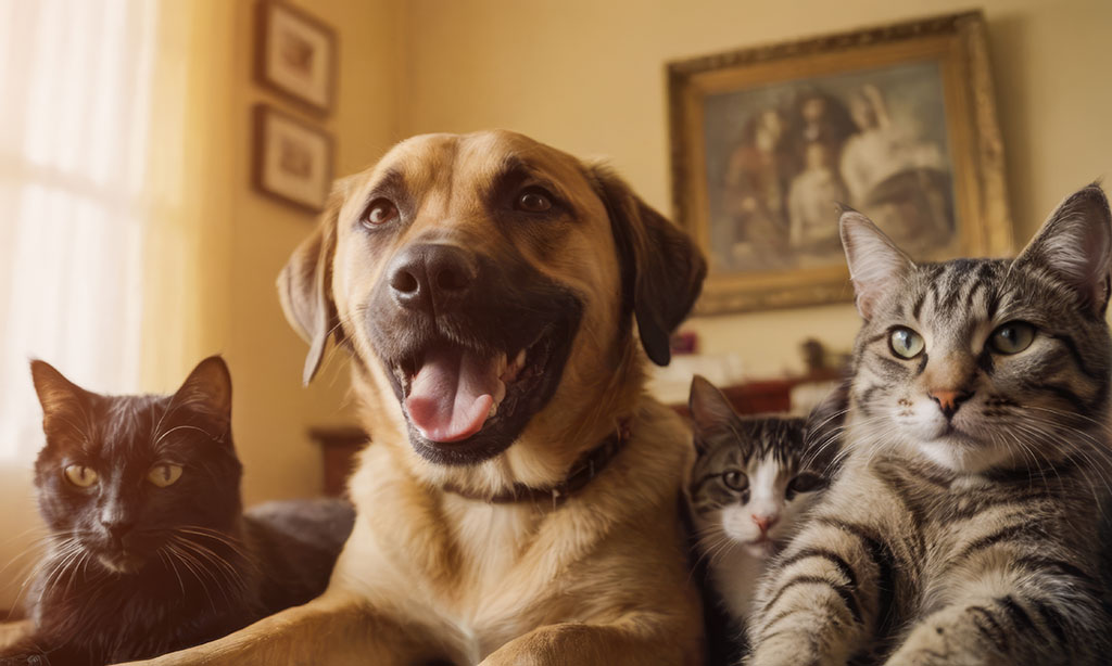 Cheerful Family Domestic Dogs and Cats.