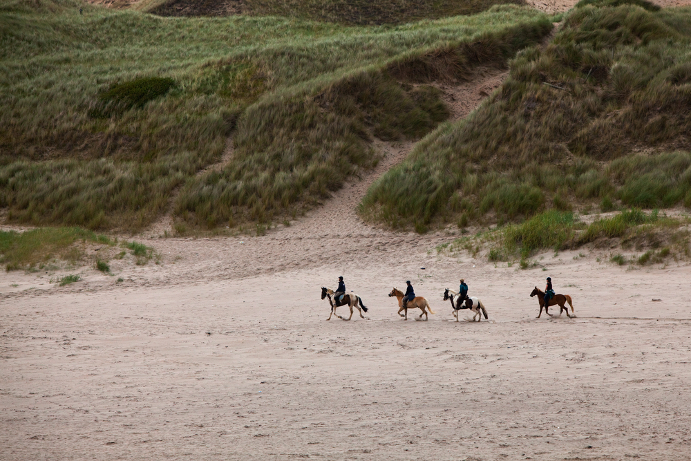 Four People Riding Horses On Beach In Northern Ireland.