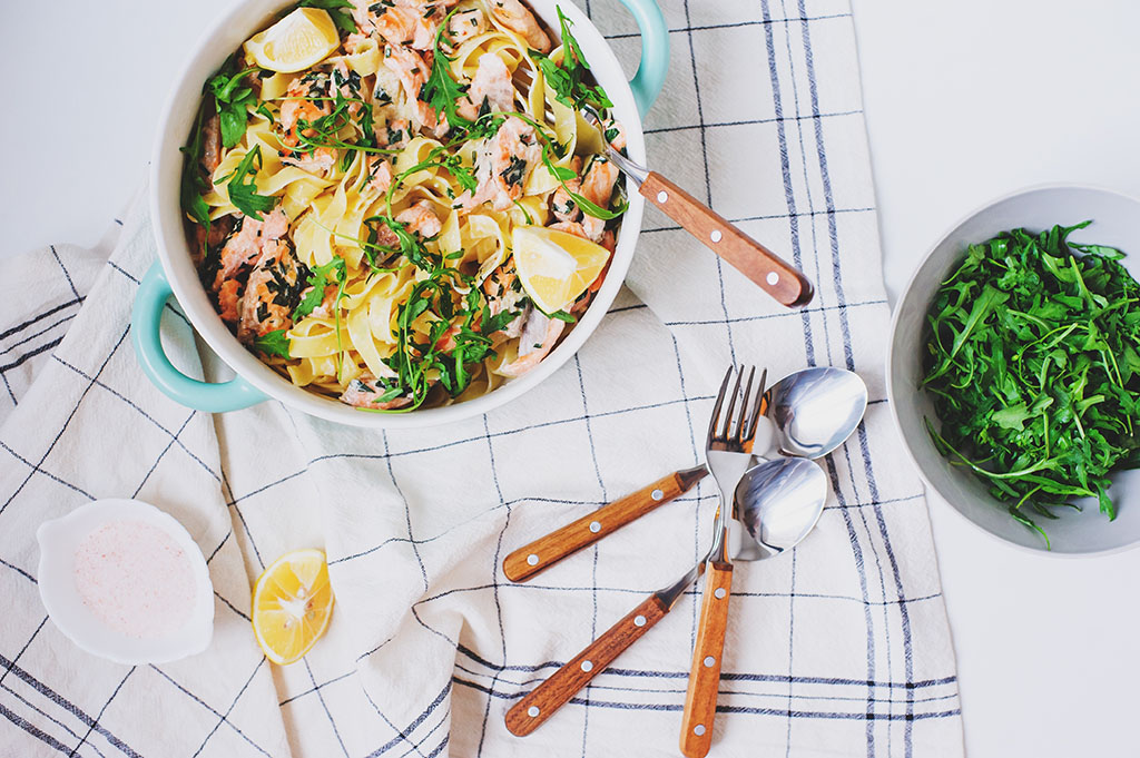 Easy Caravan Meals Italian Cuisine Creamy Salmon Pasta Rocket.