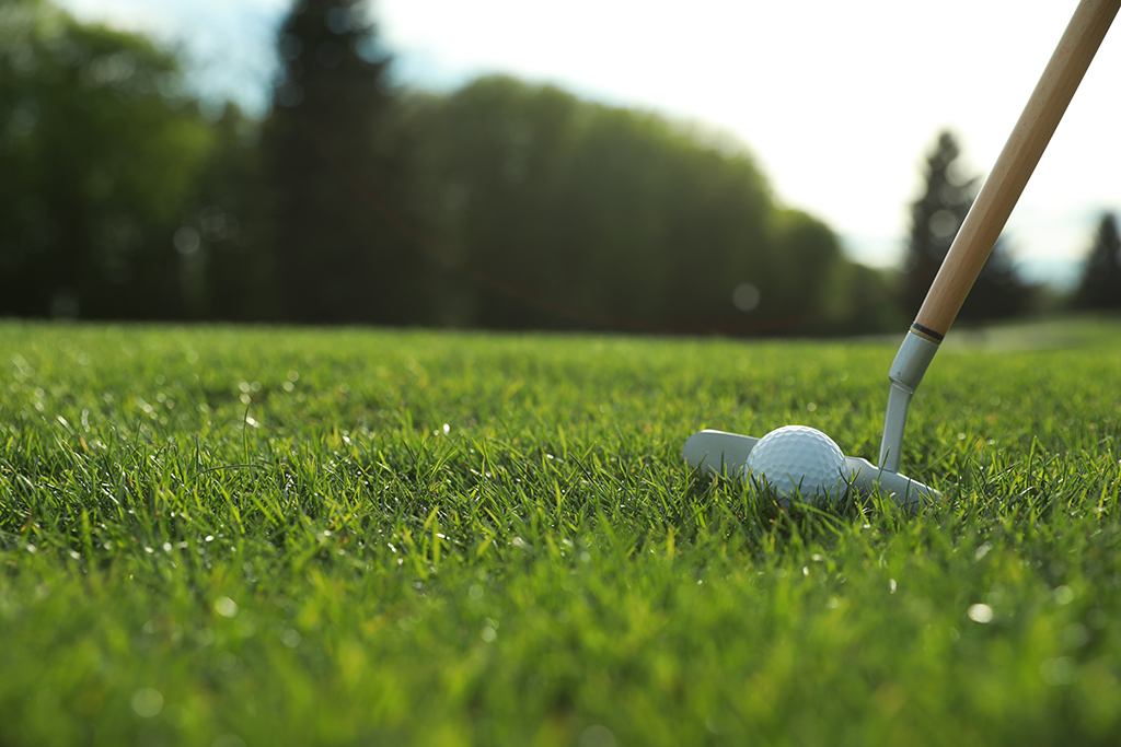 Hitting Golf Ball Club On Green.